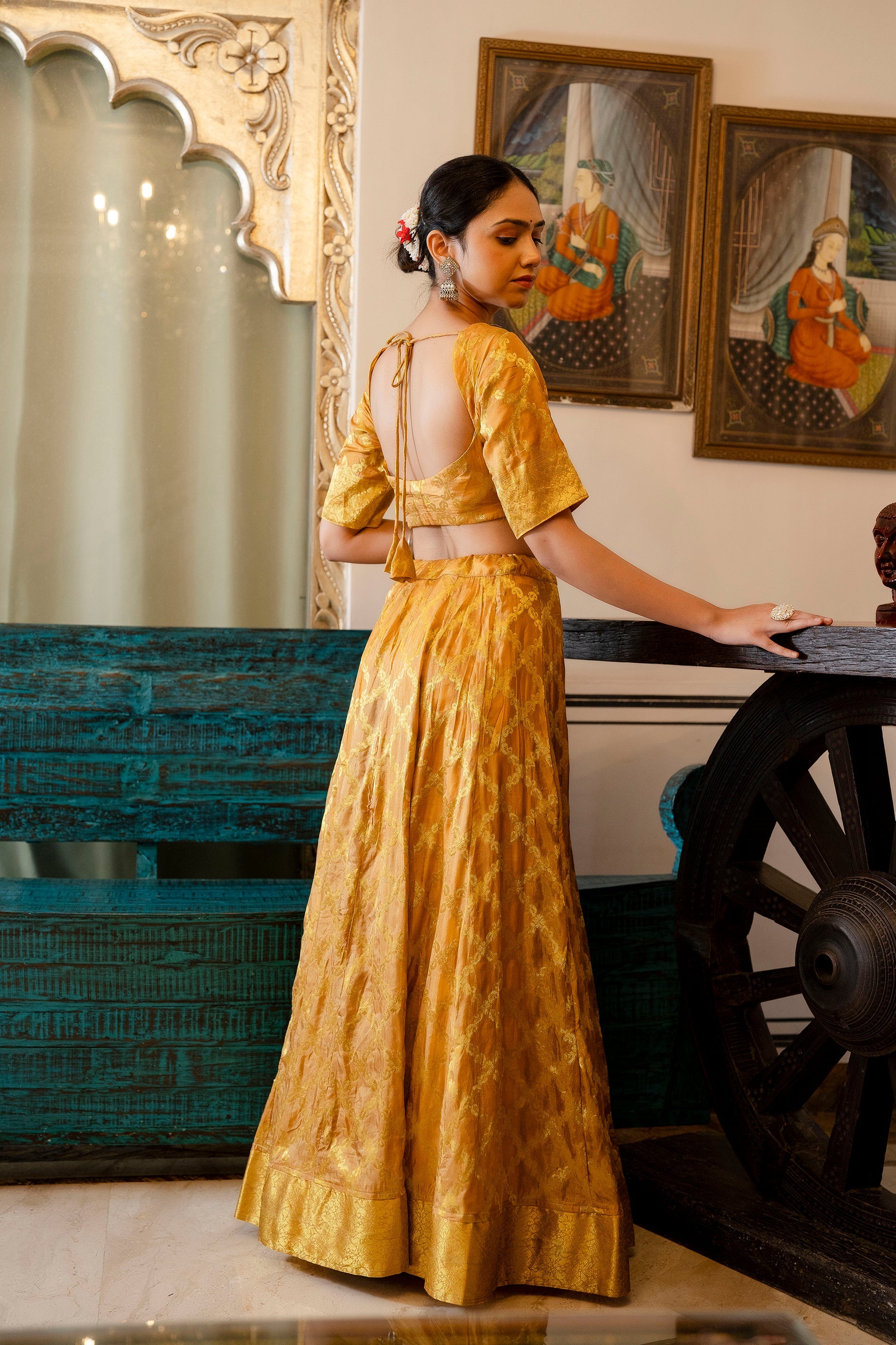 Golden Yellow Banarasi Lehenga Choli with Dupatta by Saras the label - 3 pcs set