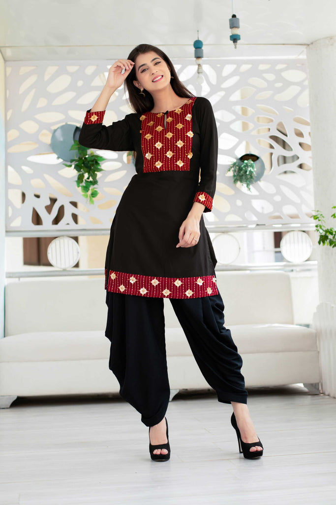Women's Black Patiala Set With Red Neck Work (2pcs Set)