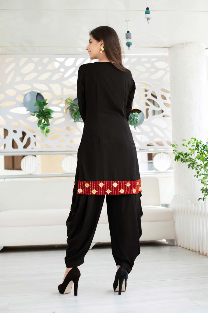 Women's Black Patiala Set With Red Neck Work (2pcs Set)