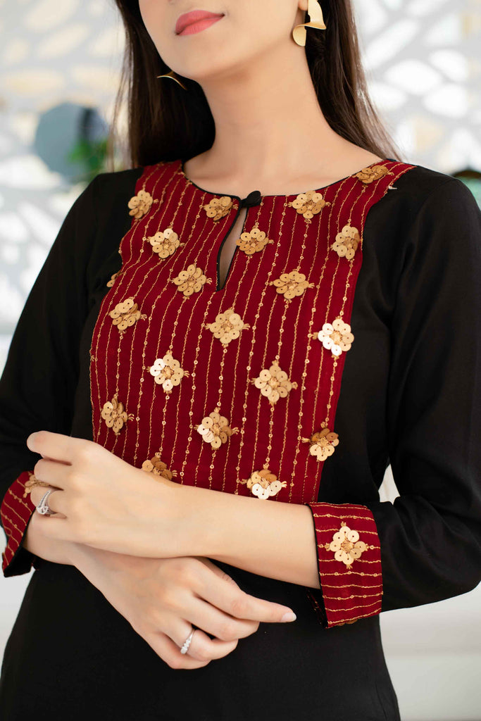 Women's Black Patiala Set With Red Neck Work (2pcs Set)