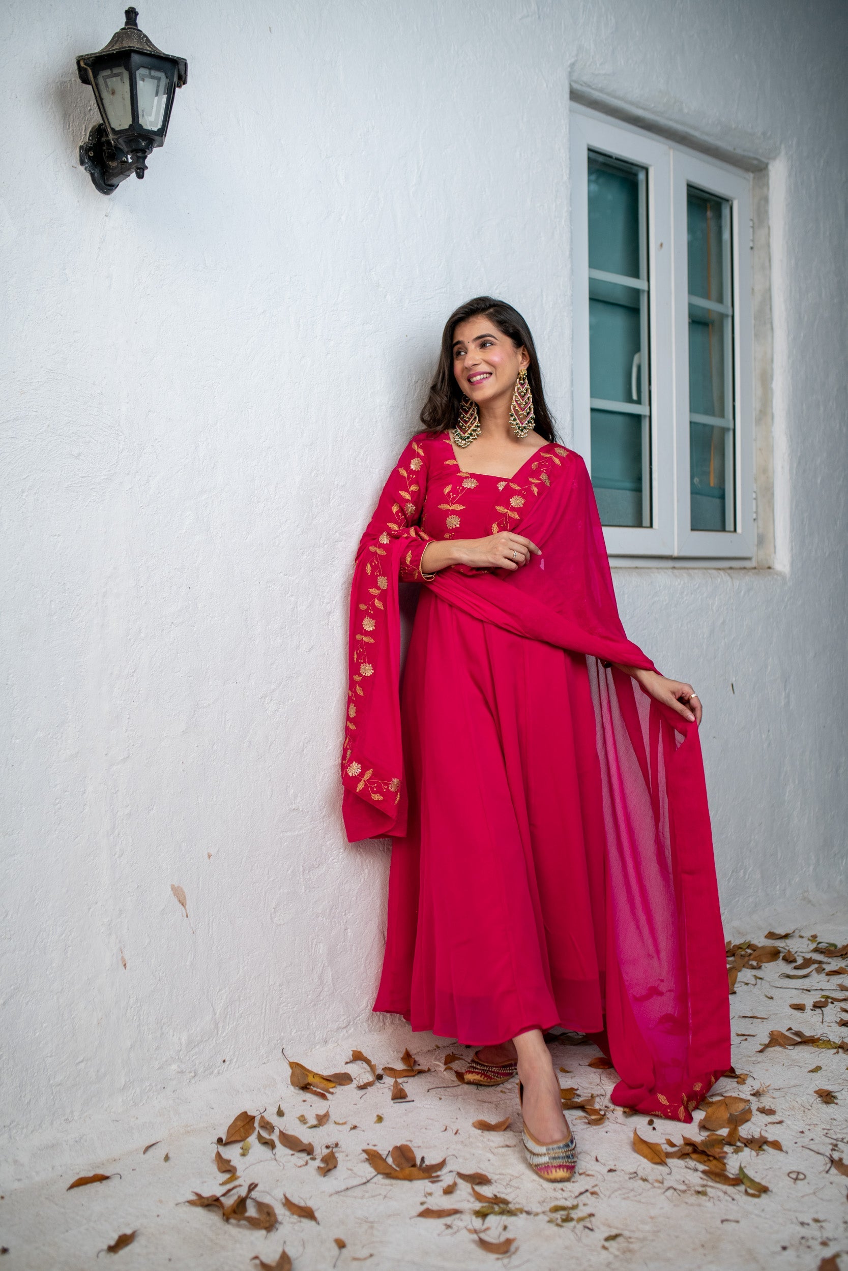 Women's Pink Floral Gold Anarkali Set