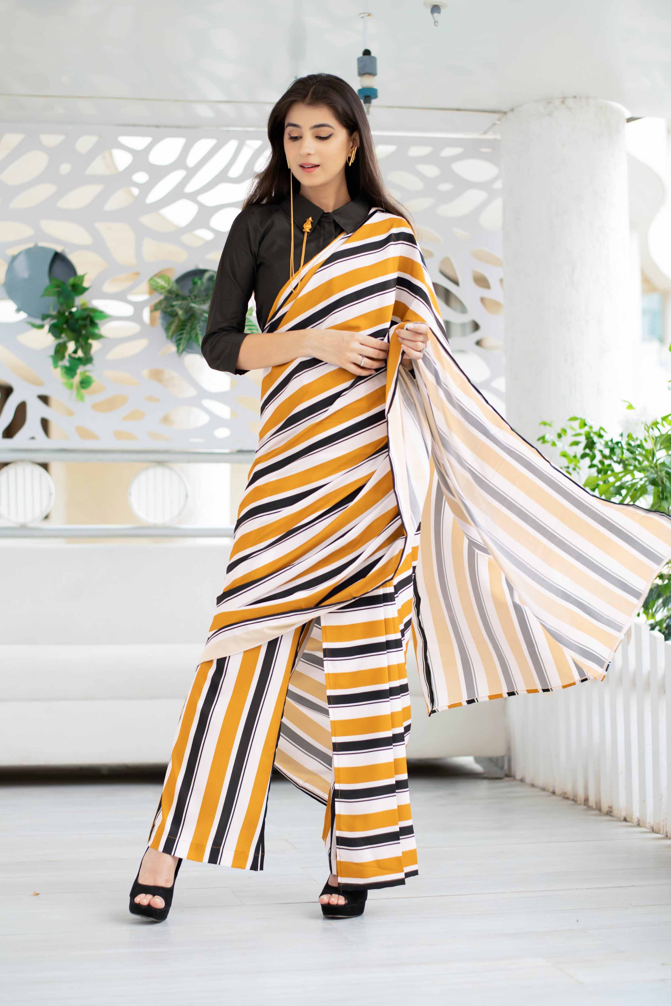 Women's Stripped Pant Styled Saree With Blouse - Label Shaurya Sanadhya