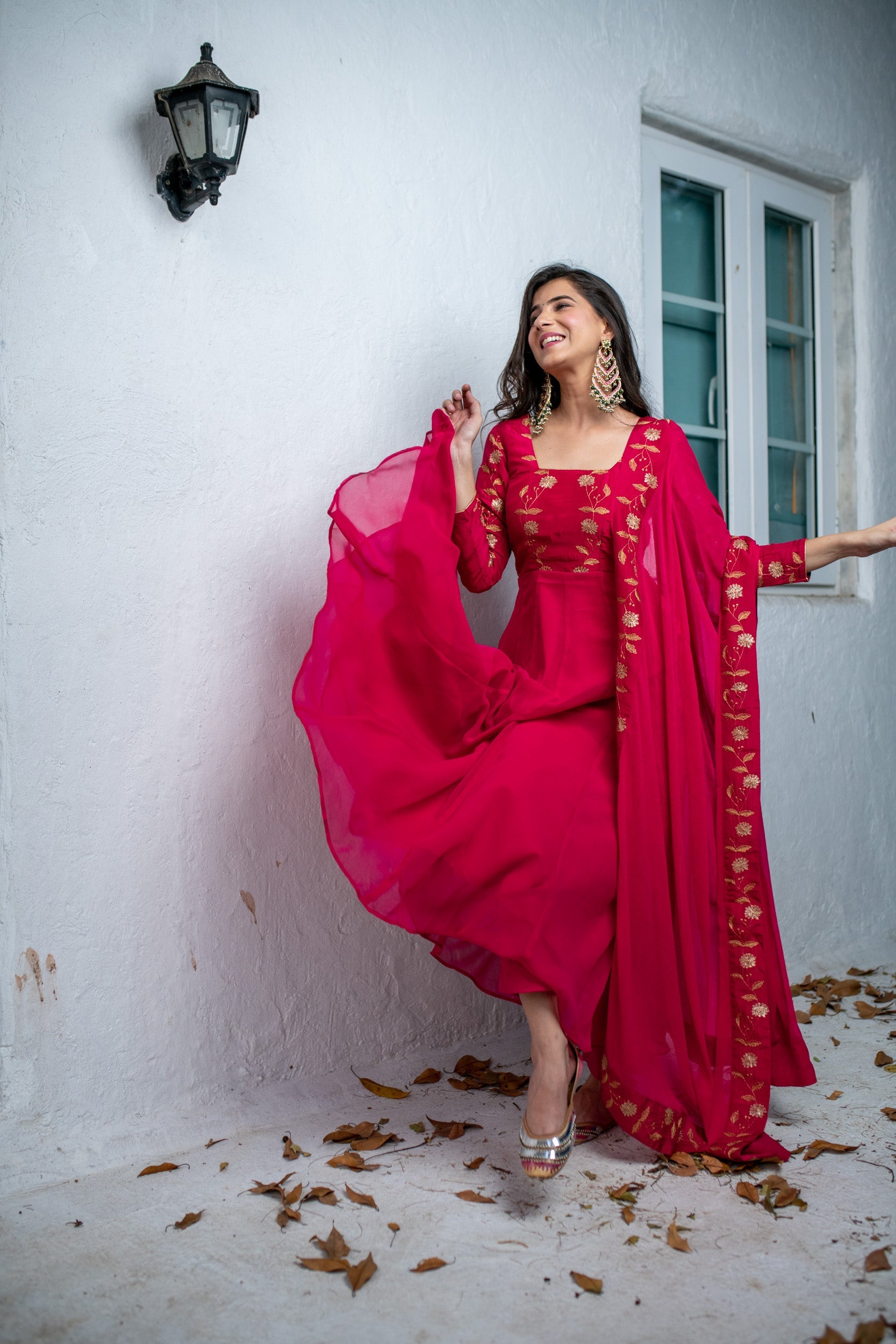 Women's Pink Floral Gold Anarkali Set