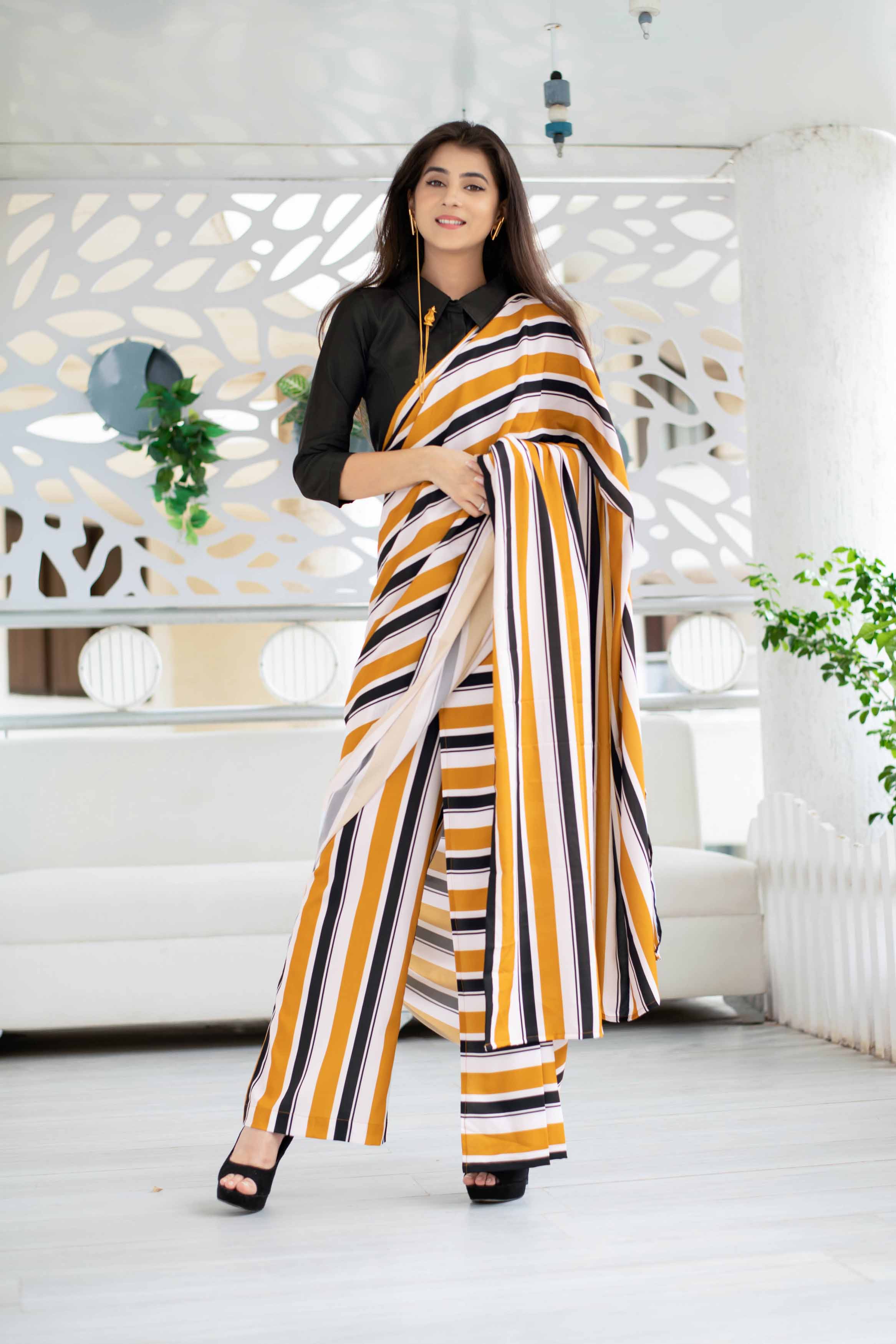 Women's Stripped Pant Styled Saree With Blouse - Label Shaurya Sanadhya