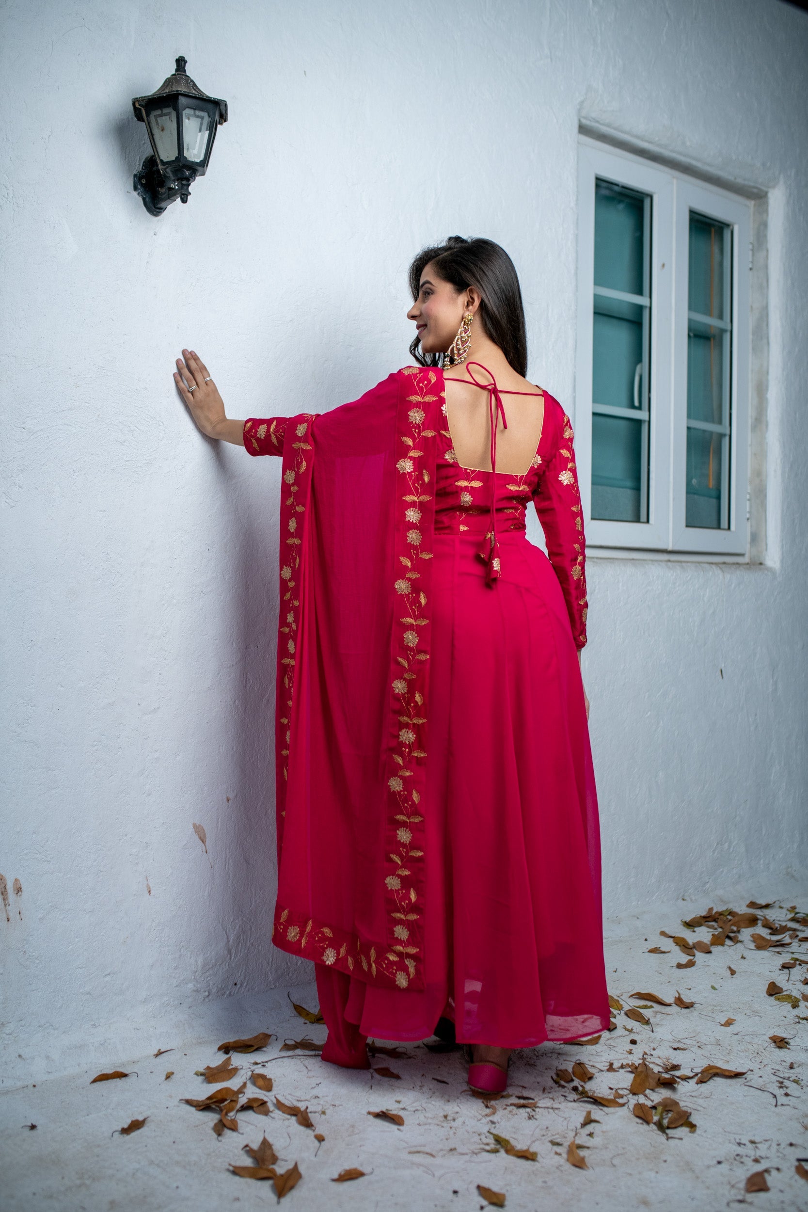 Women's Pink Floral Gold Anarkali Set - Label Shaurya Sanadhya