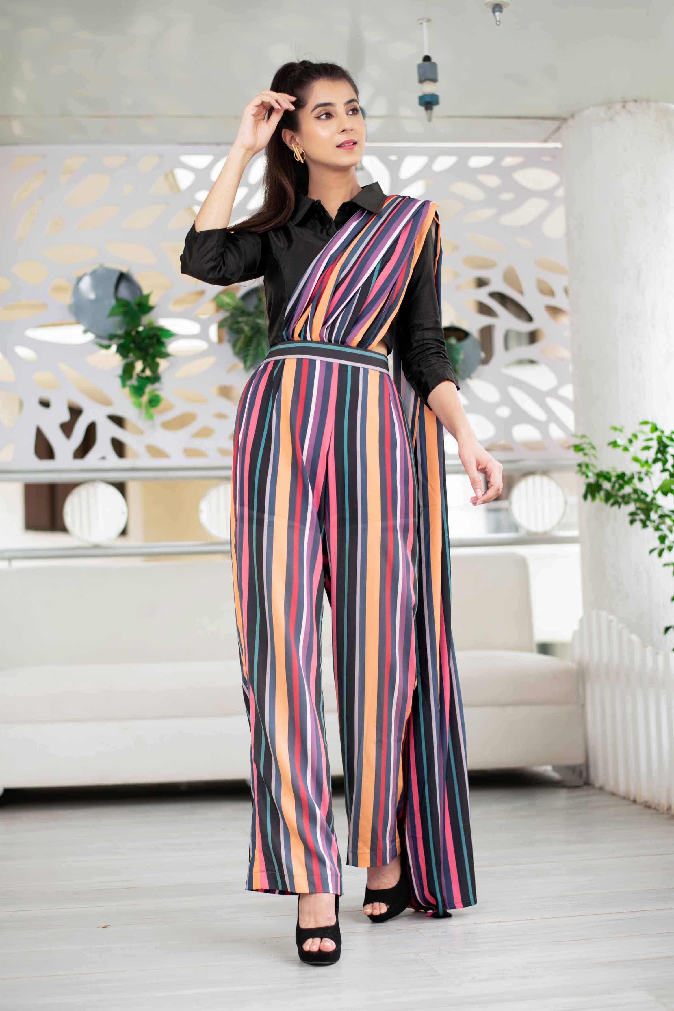 Women's Stripped Pant With Attached Dupatta And Top Set - Label Shaurya Sanadhya