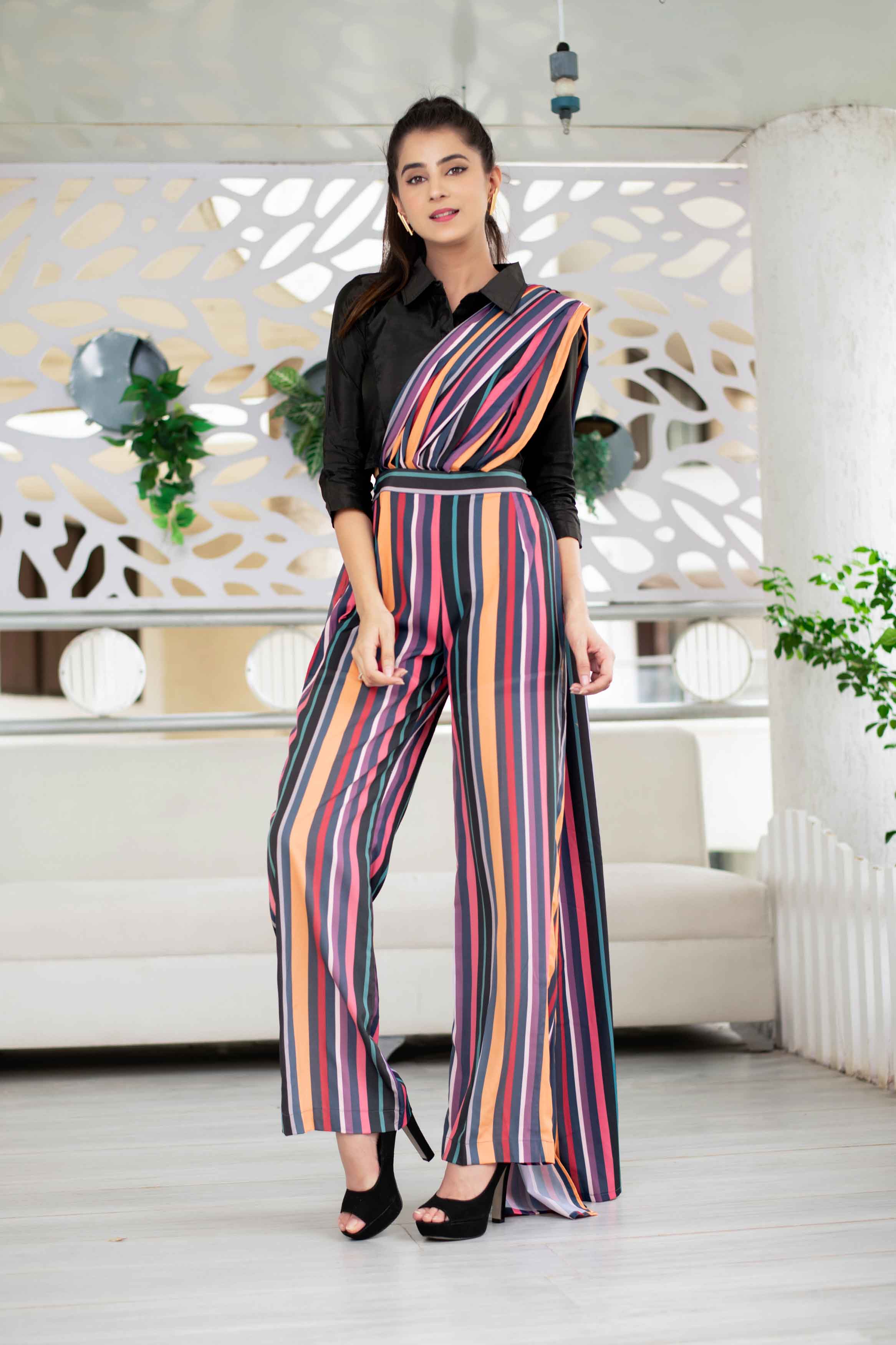 Women's Stripped Pant With Attached Dupatta And Top Set - Label Shaurya Sanadhya