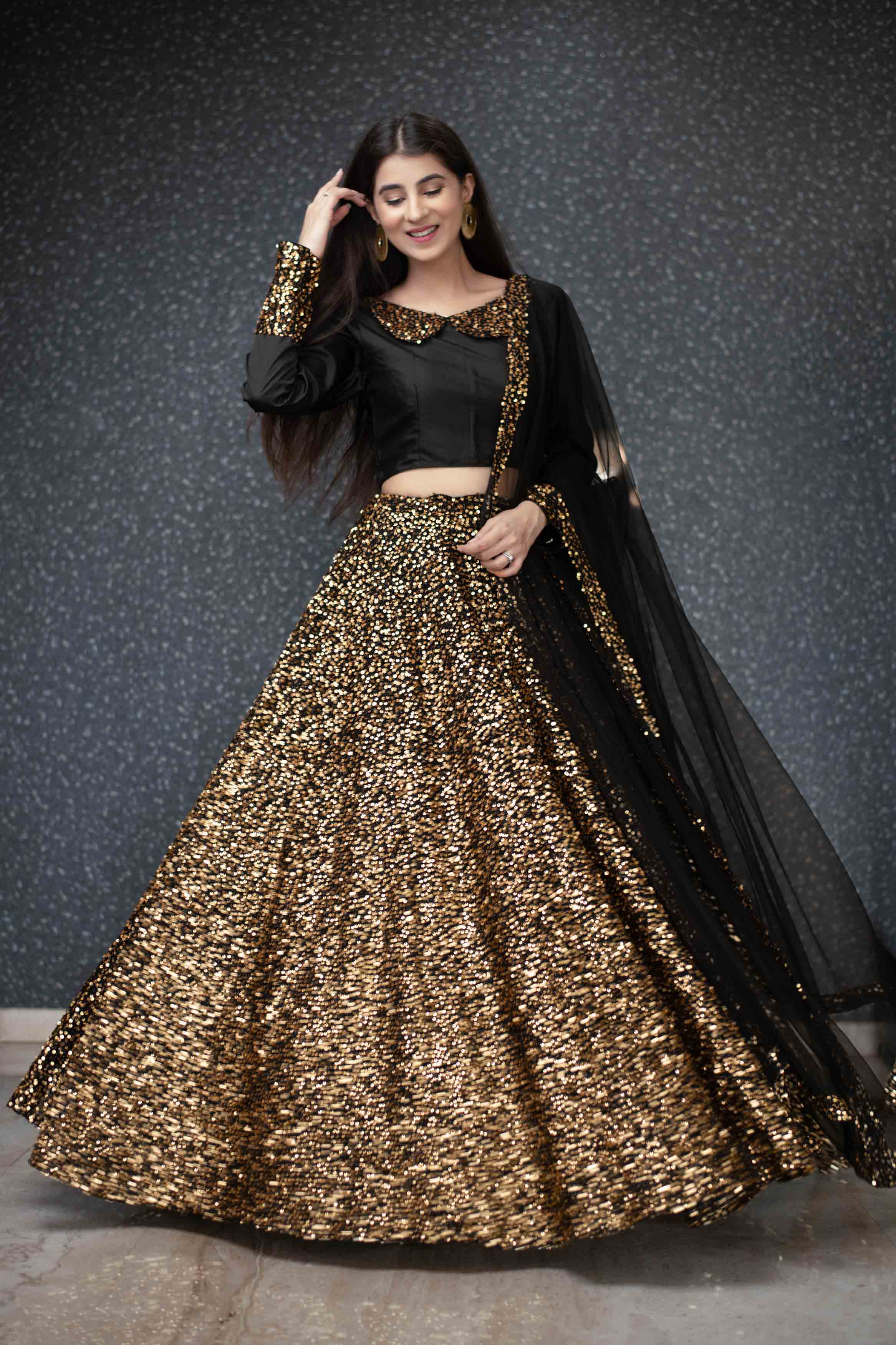 Pakistani Black Velvet Lehenga with Golden Choli Online – Nameera by Farooq