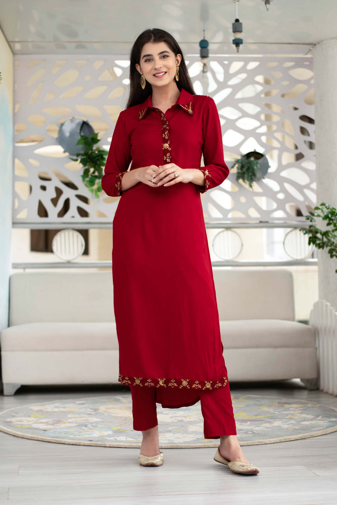 Women's Maroon Sequin Work Kurta Set (2pcs set)