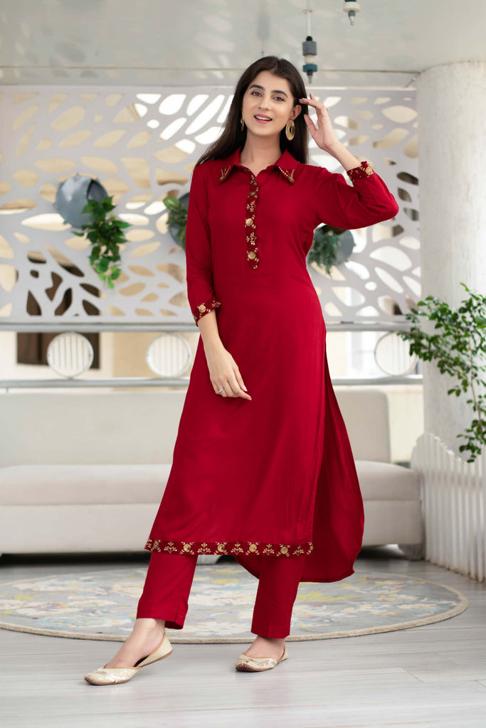 Women's Maroon Sequin Work Kurta Set (2pcs set)