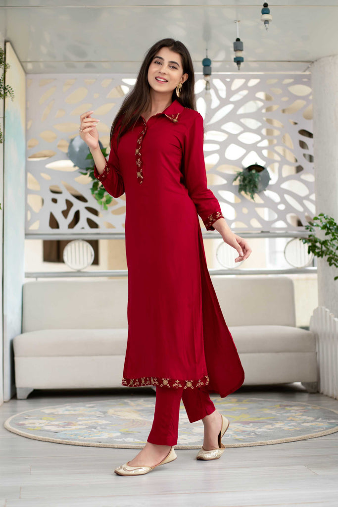 Women's Maroon Sequin Work Kurta Set (2pcs set)