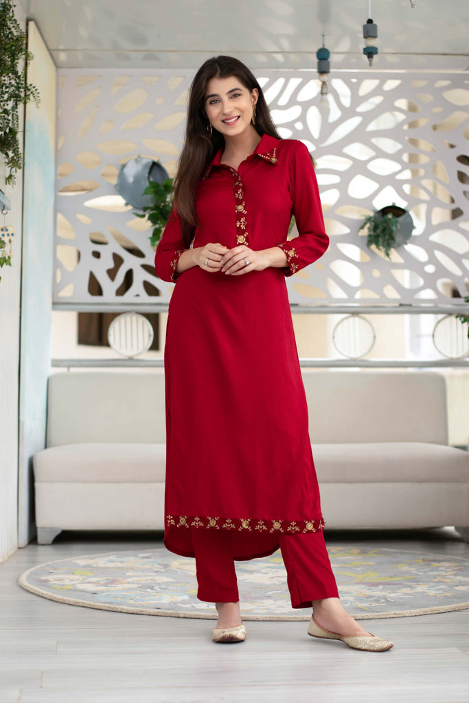 Women's Maroon Sequin Work Kurta Set (2pcs set)