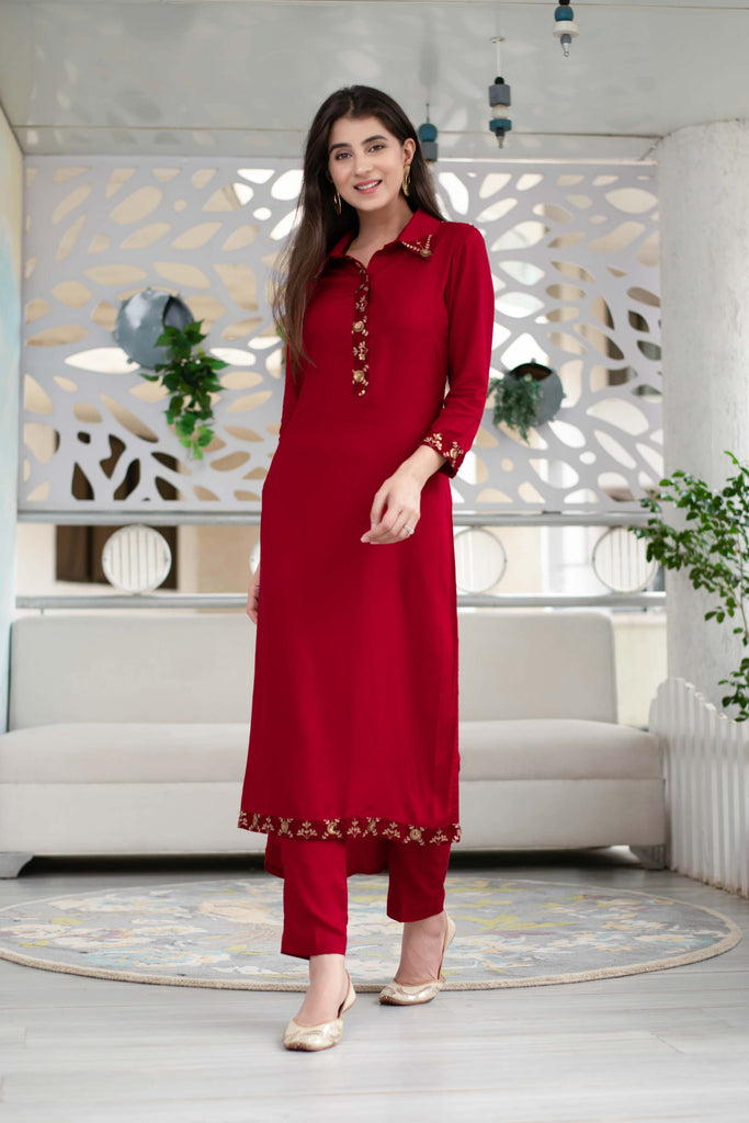 Women's Maroon Sequin Work Kurta Set (2pcs set)