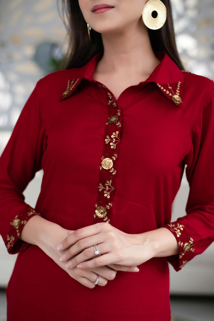 Women's Maroon Sequin Work Kurta Set (2pcs set)