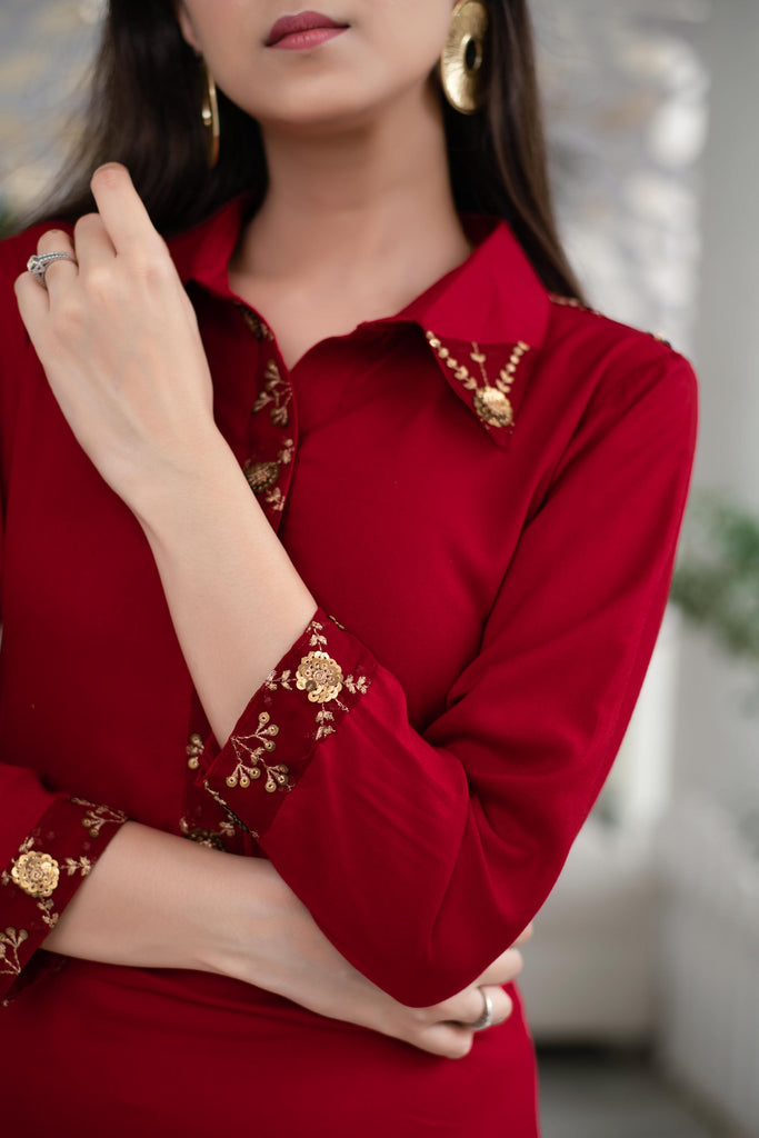 Women's Maroon Sequin Work Kurta Set (2pcs set)