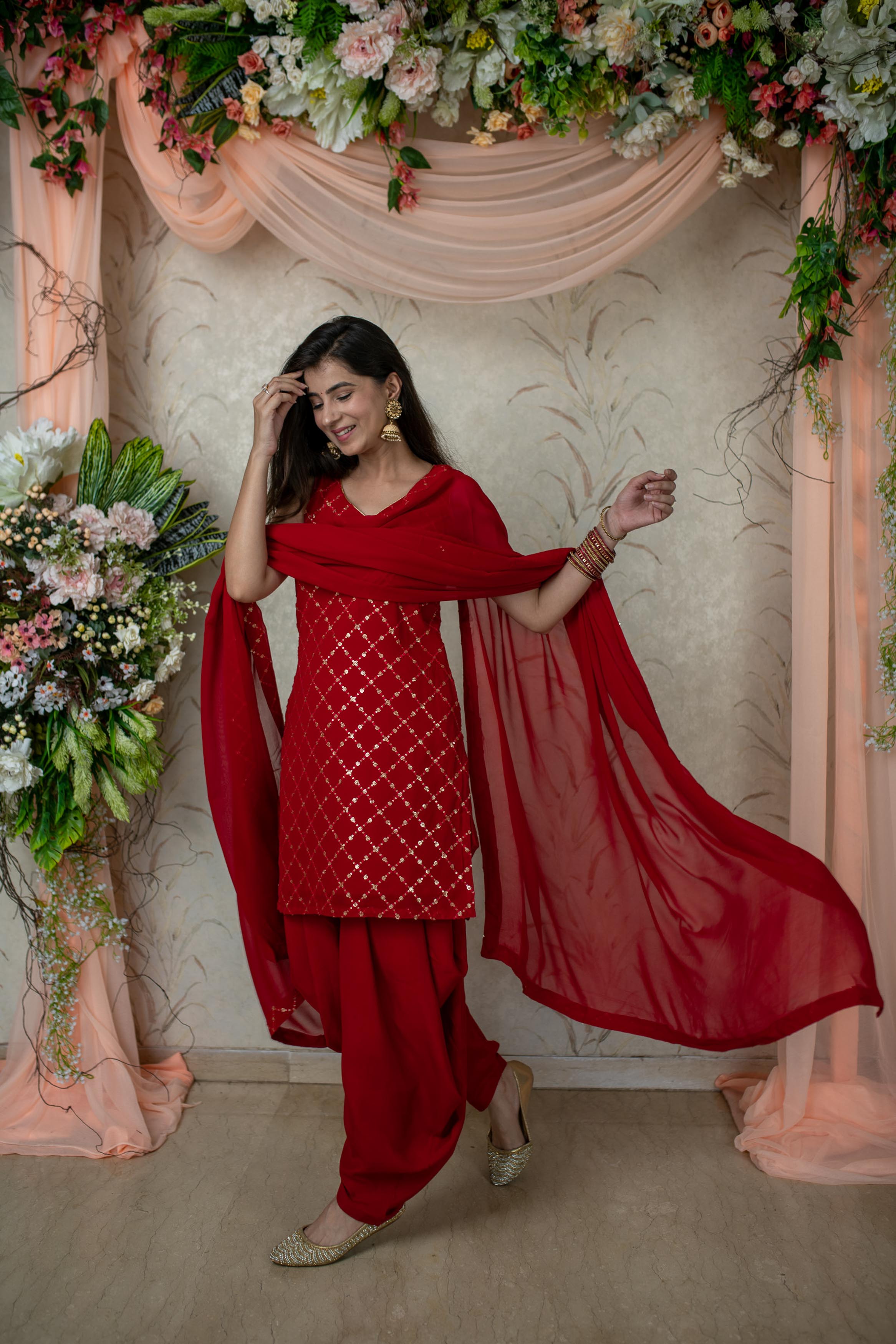 red patiyala dress Traditional Punjabi Suit Salwar Kameez Latest Dress Designs Contrast Dupatta