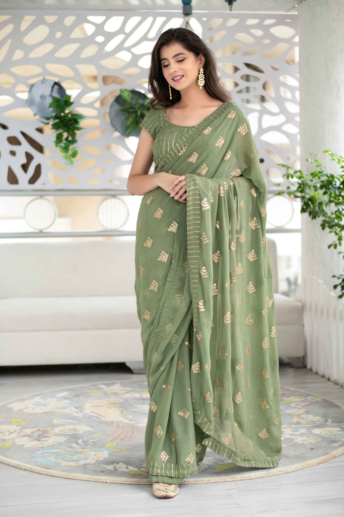 Women's Olive Green Sequin Saree (2pcs set)