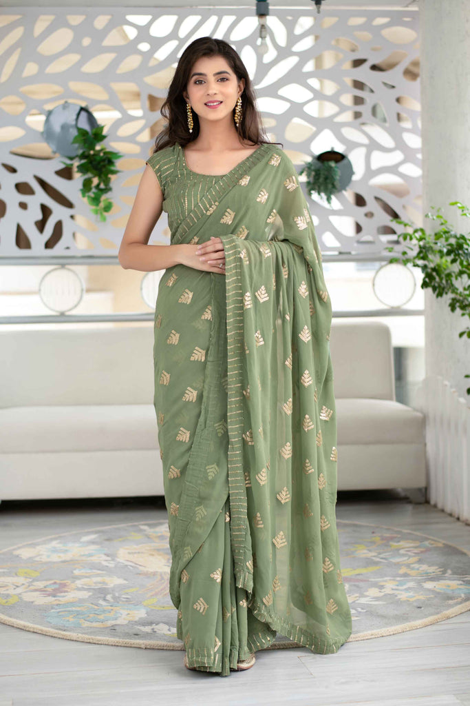 Women's Olive Green Sequin Saree (2pcs set)