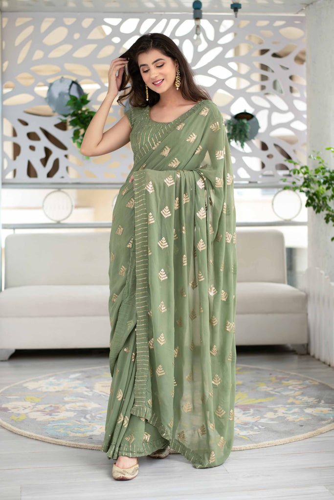 Women's Olive Green Sequin Saree (2pcs set)