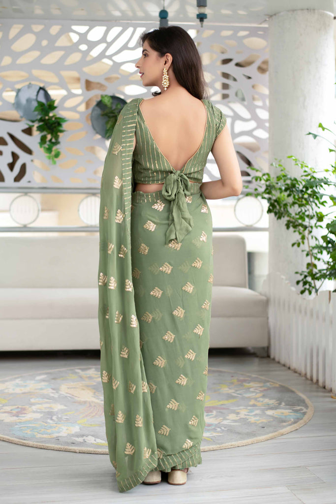Women's Olive Green Sequin Saree (2pcs set)