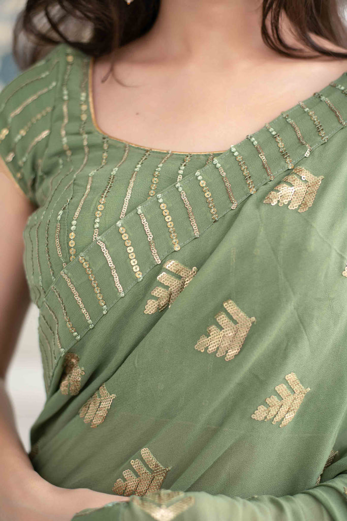 Women's Olive Green Sequin Saree (2pcs set)