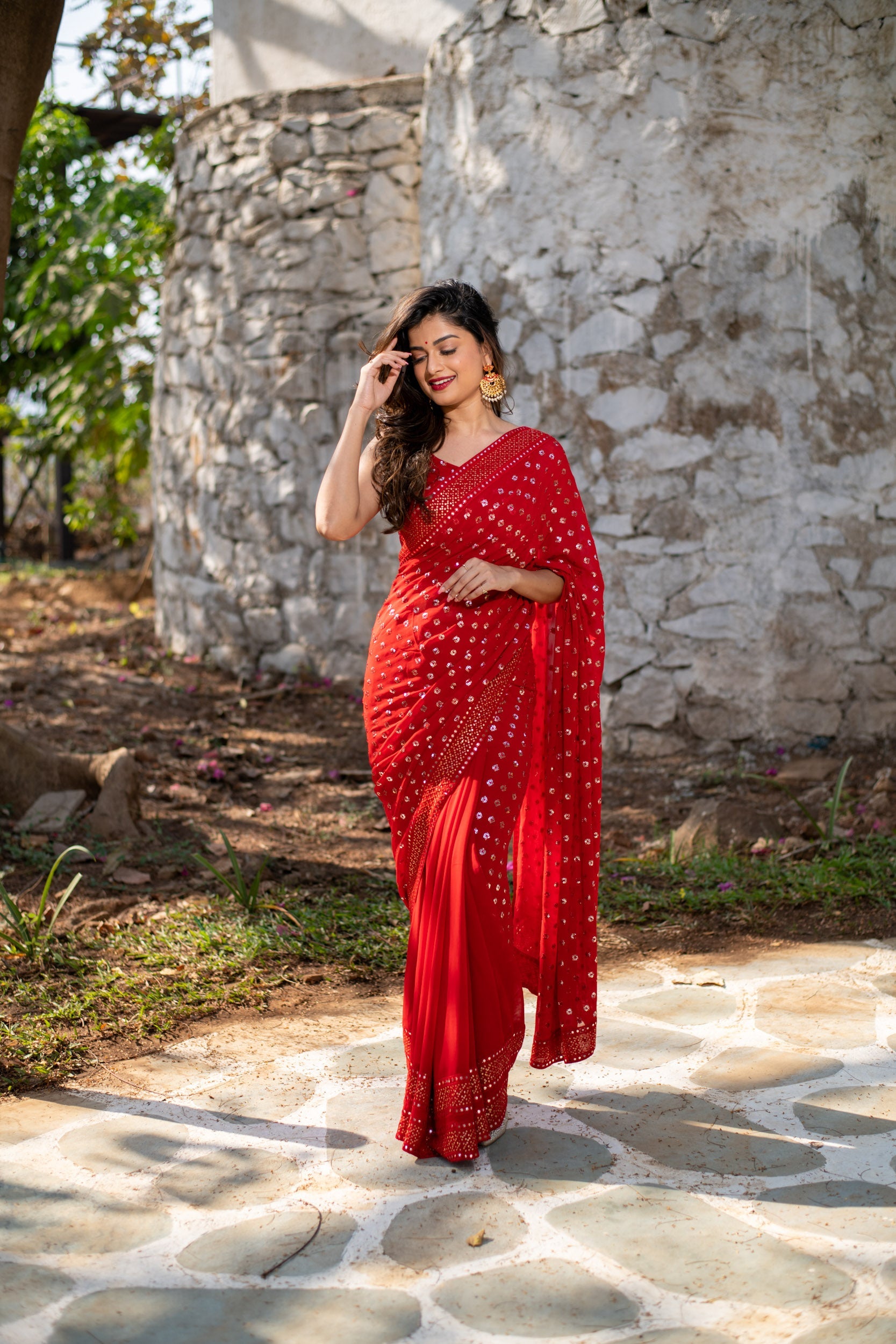 Women's Red Heavy Sequin Saree - Label Shaurya Sanadhya