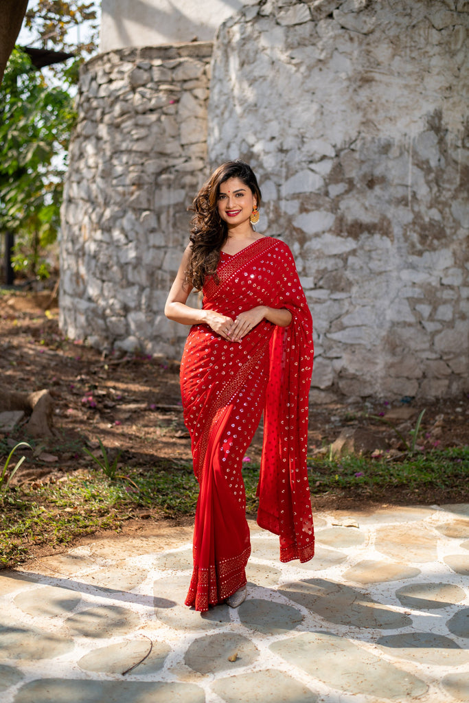 Women's Red Heavy Sequin Saree