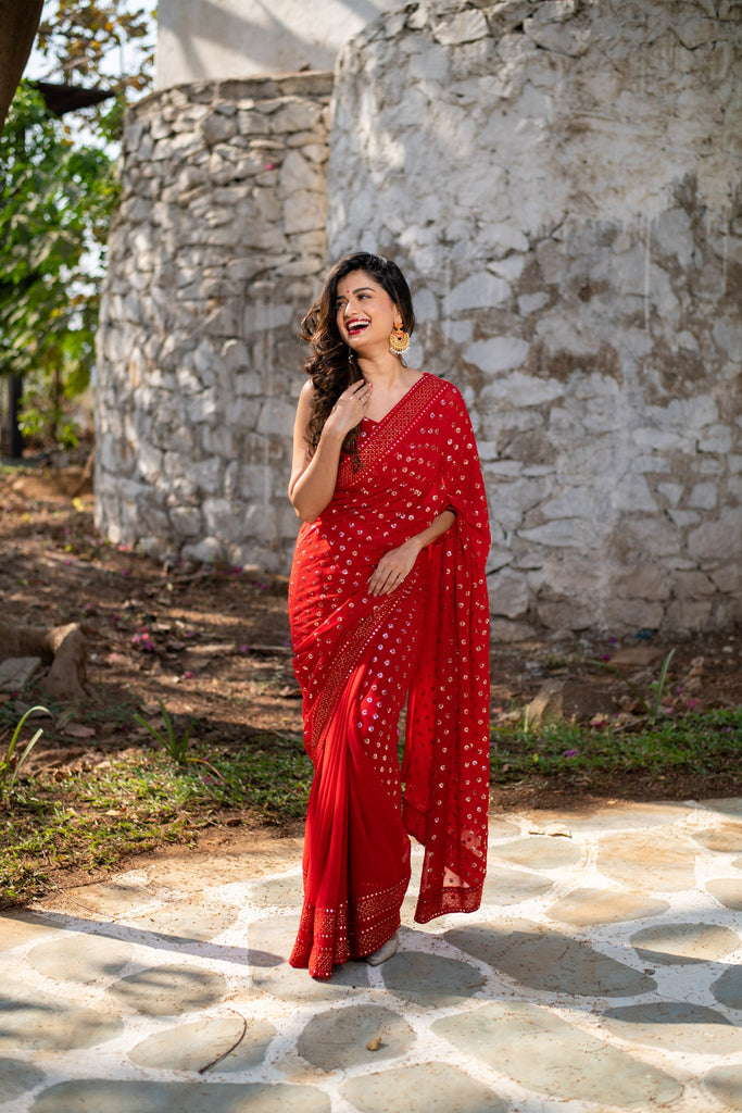 Women's Red Heavy Sequin Saree