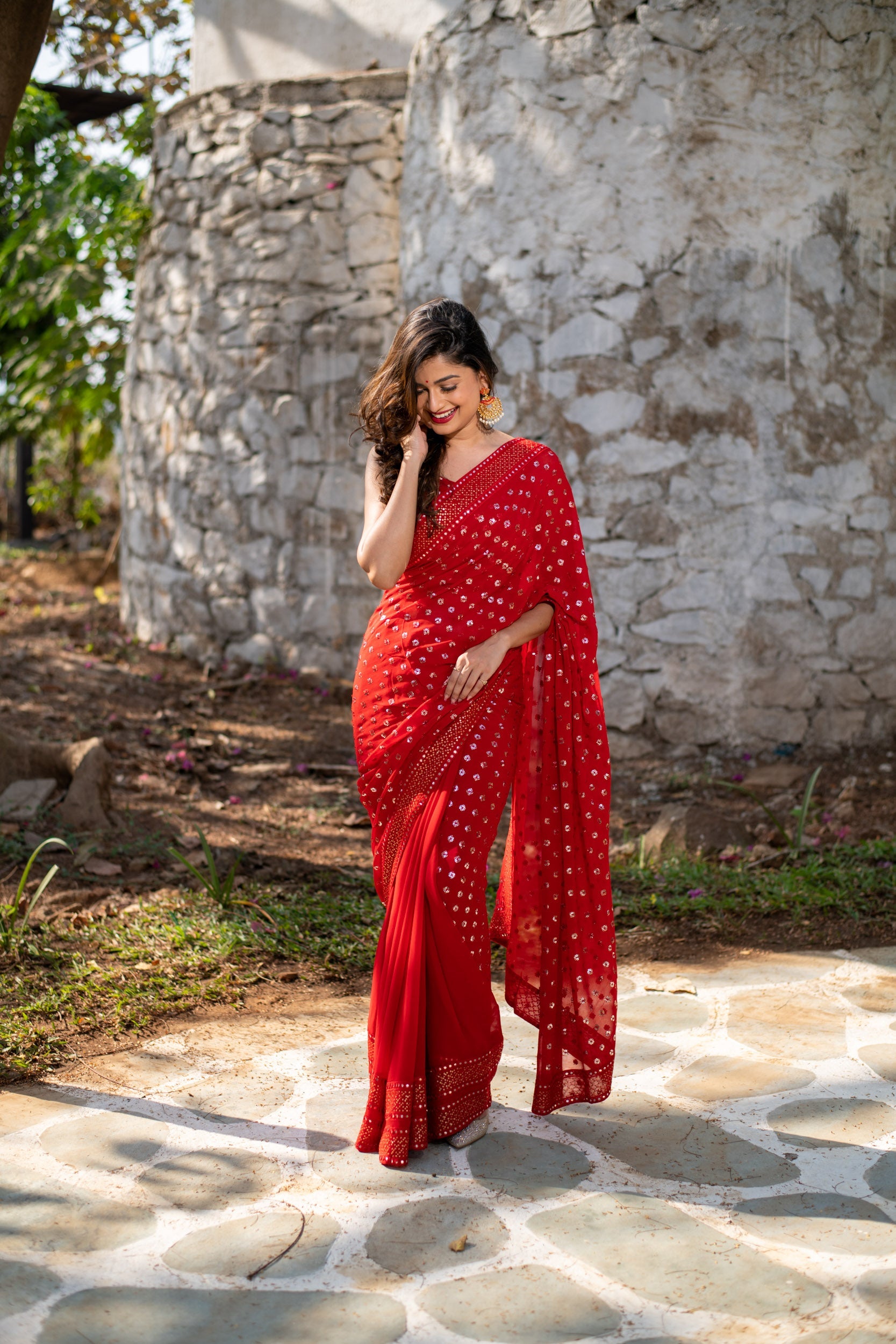 Women's Red Heavy Sequin Saree - Label Shaurya Sanadhya