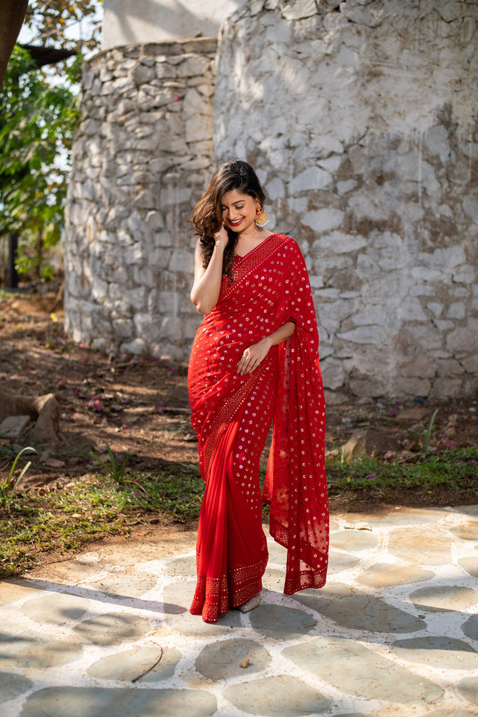 Women's Red Heavy Sequin Saree