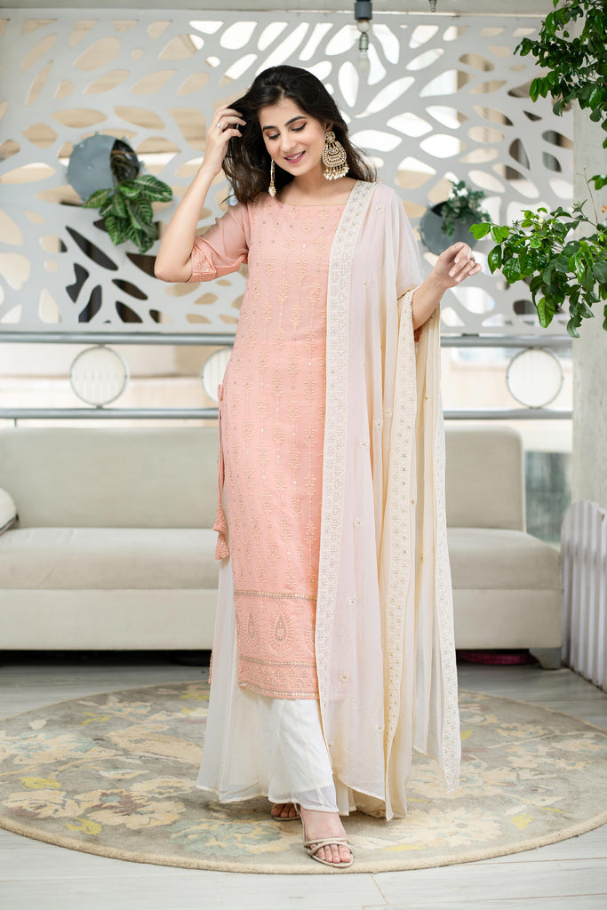 Women's Light Peach Lucknowi With Palazzo Set (3pcs Set)