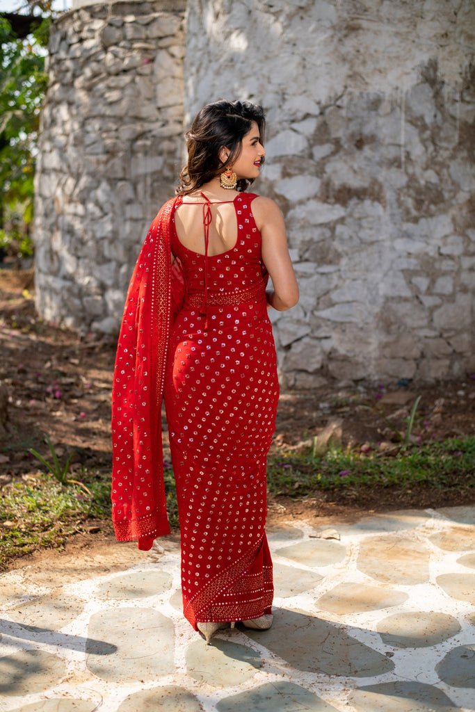 Women's Red Heavy Sequin Saree