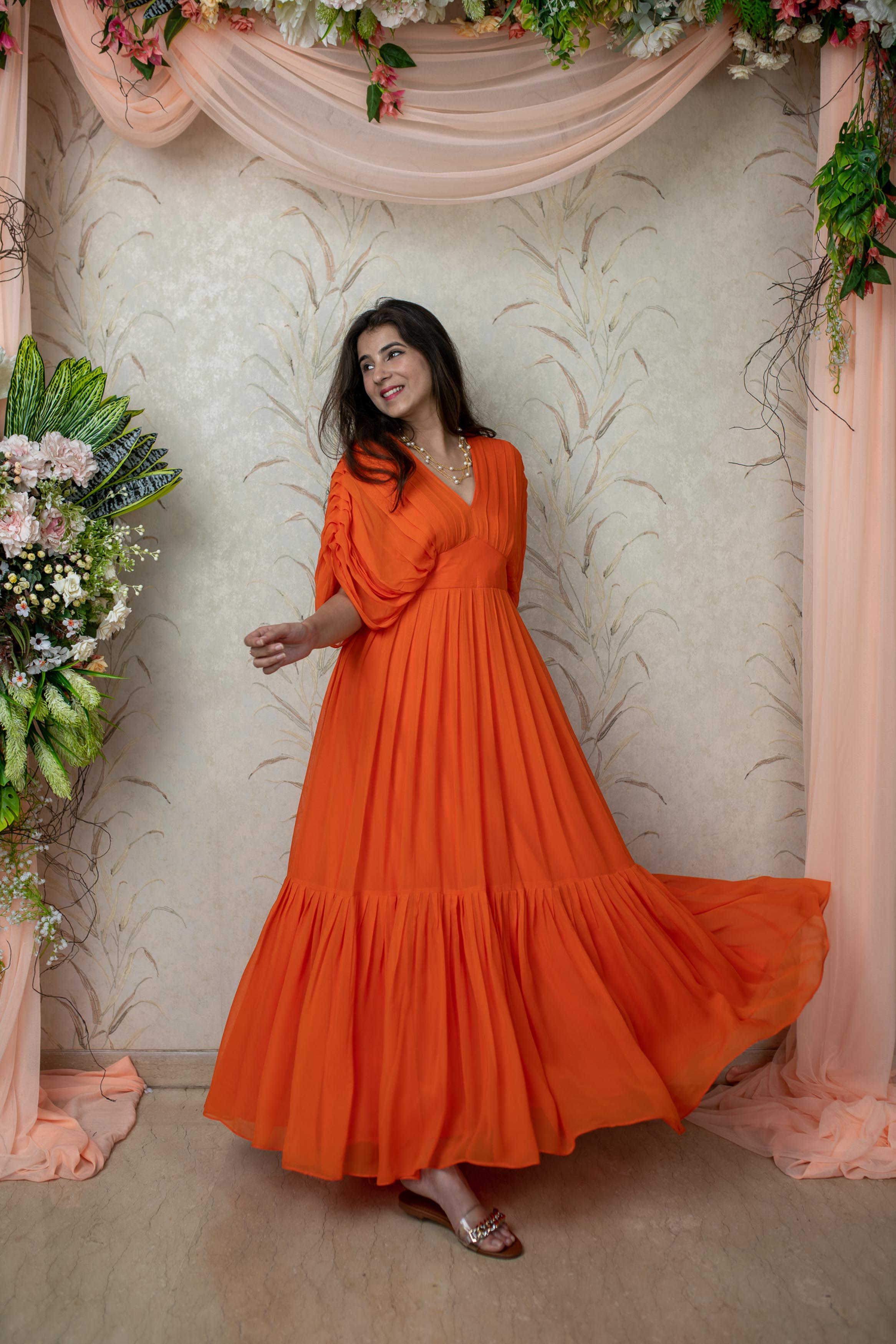 Women's Orange Pleated Gown - Label Shaurya Sanadhya