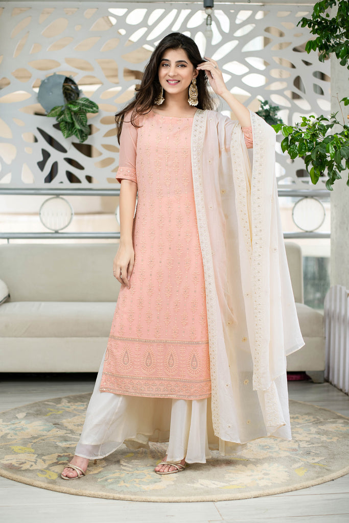 Women's Light Peach Lucknowi With Palazzo Set (3pcs Set)