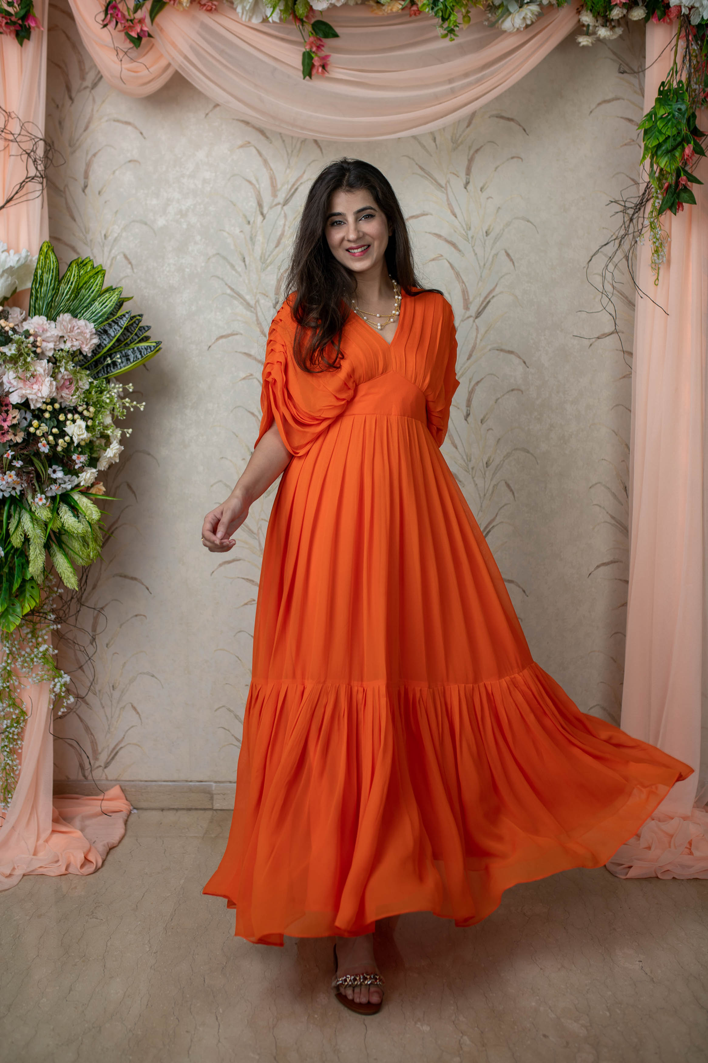 Women's Orange Pleated Gown Orange / M Women's Orange Pleated Gown Orange / M