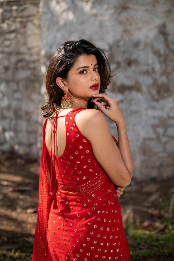 Women's Red Heavy Sequin Saree