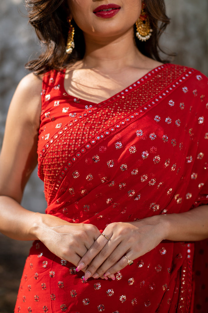Women's Red Heavy Sequin Saree