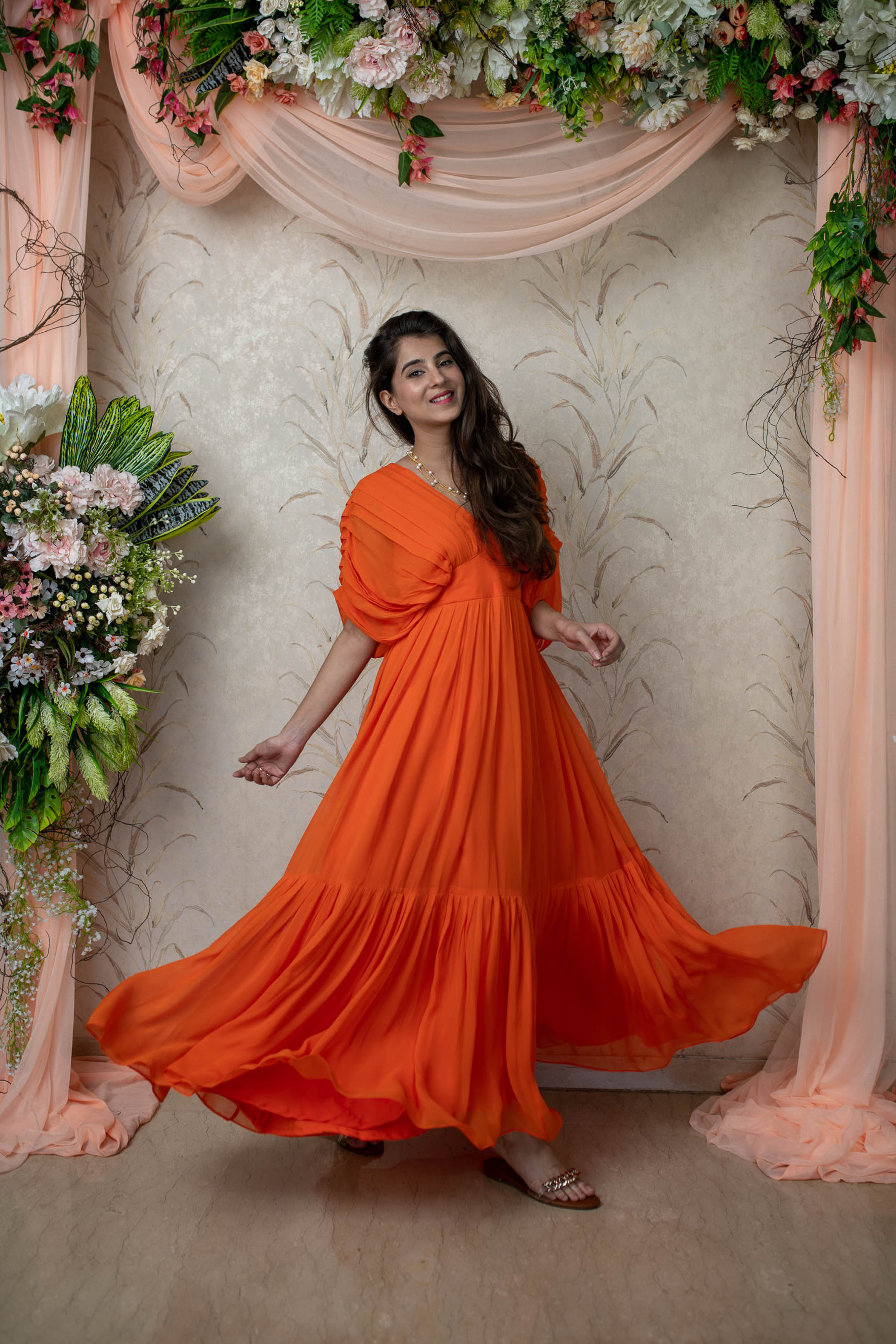 Orange Pleated Gown M