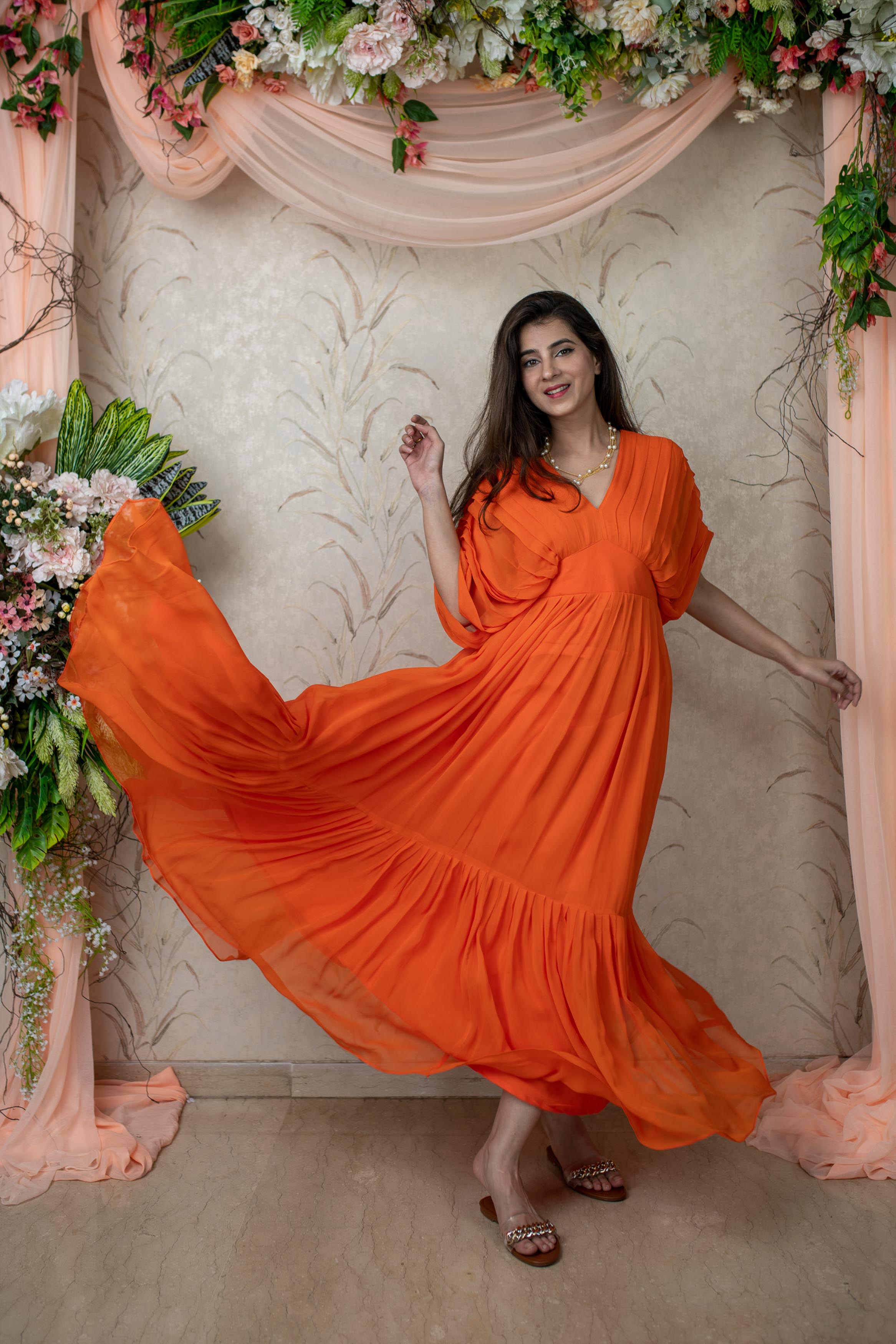 Women's Orange Pleated Gown - Label Shaurya Sanadhya