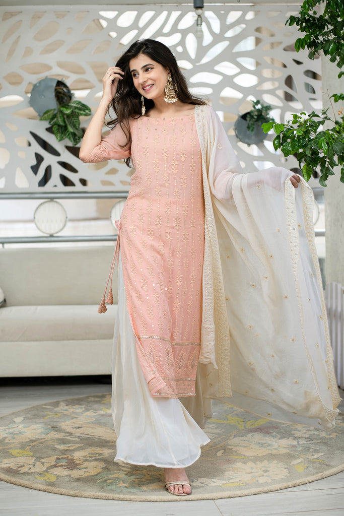 Women's Light Peach Lucknowi With Palazzo Set (3pcs Set)