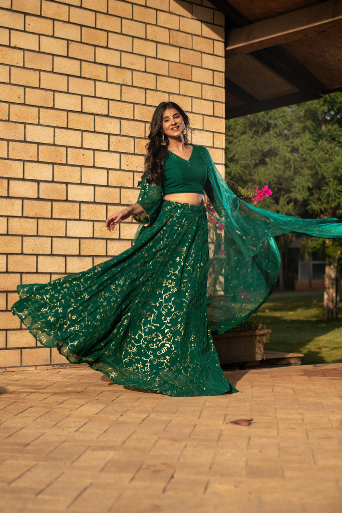 Women's Rama Green All Over Work Lehenga