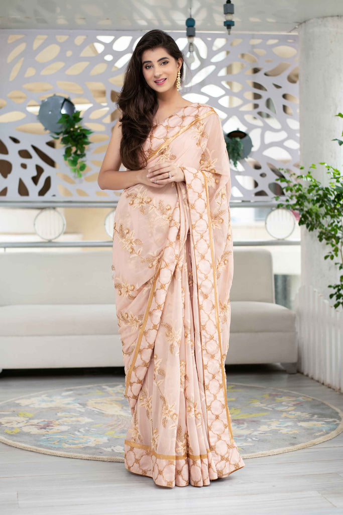Women's Light Peach Heavy Work Saree