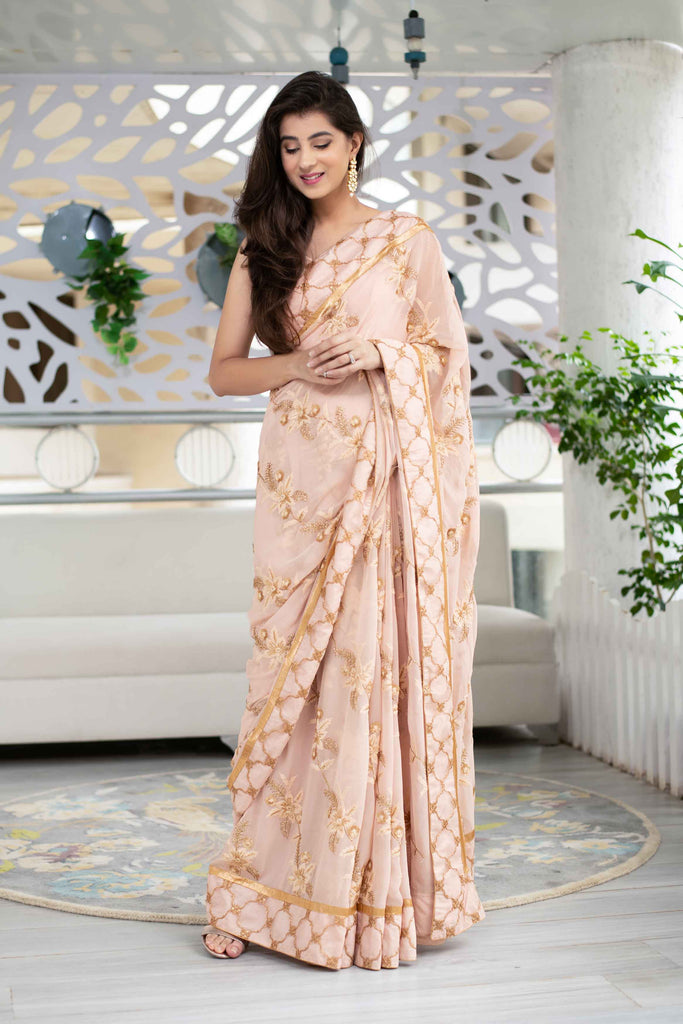 Women's Light Peach Heavy Work Saree
