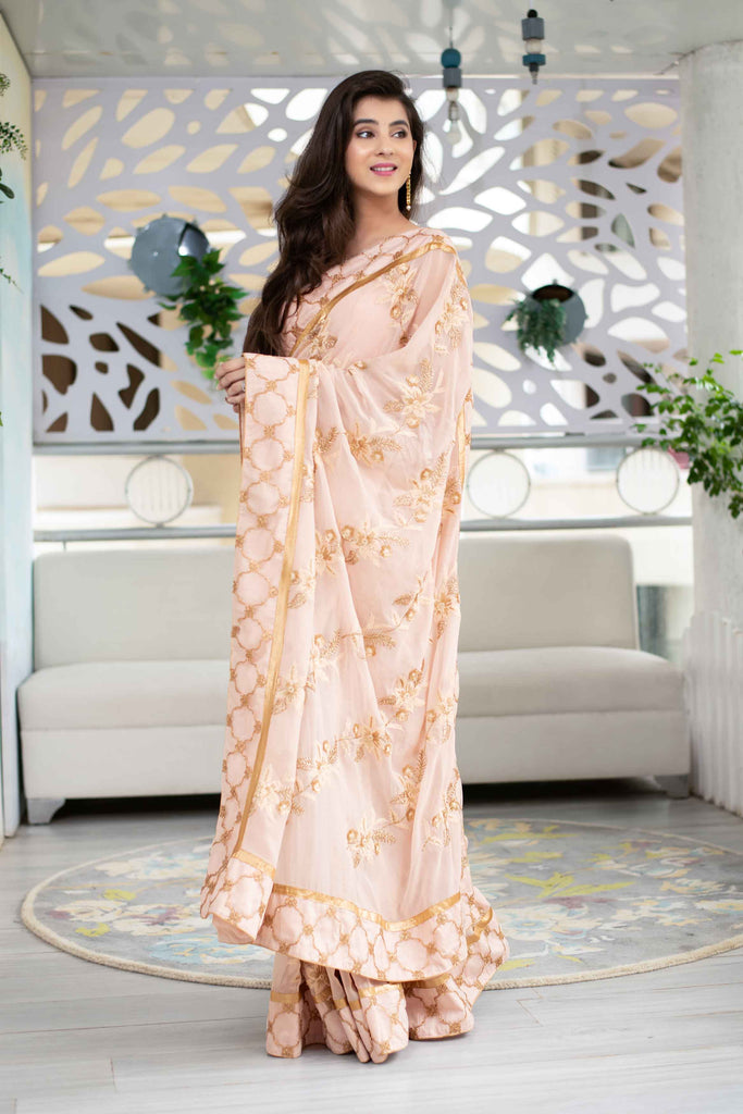 Women's Light Peach Heavy Work Saree