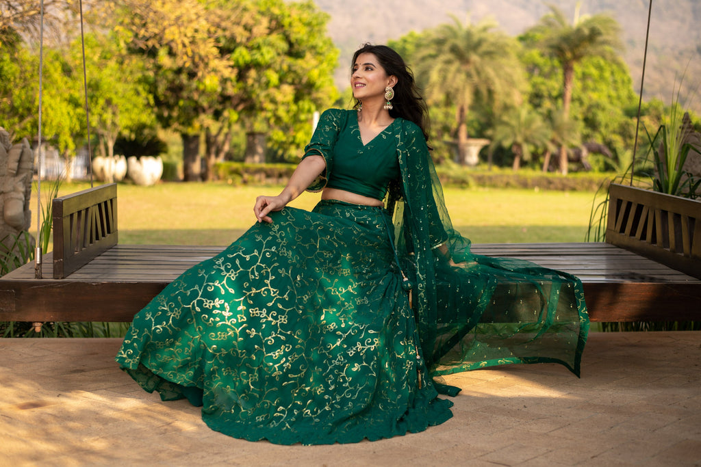 Women's Rama Green All Over Work Lehenga