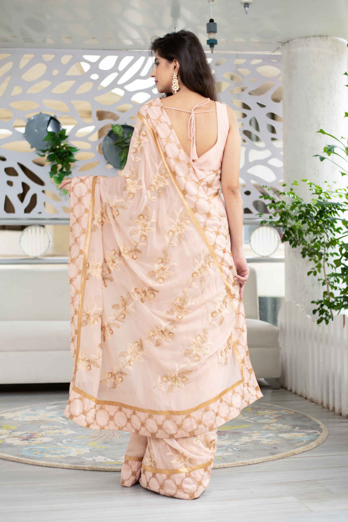 Women's Light Peach Heavy Work Saree