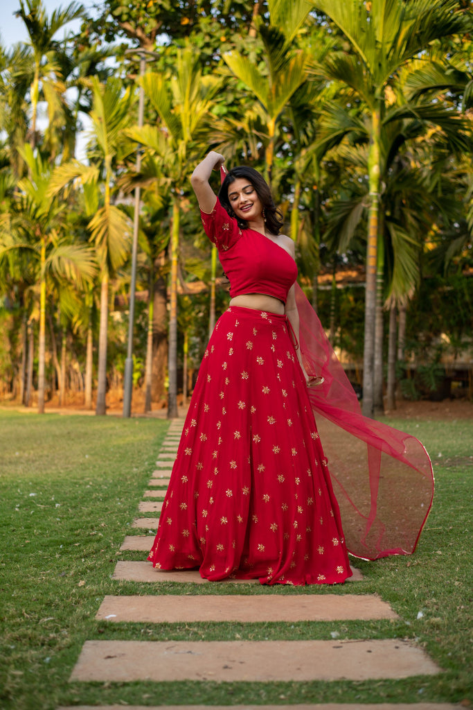 Women's Red one shoulder Lehenga
