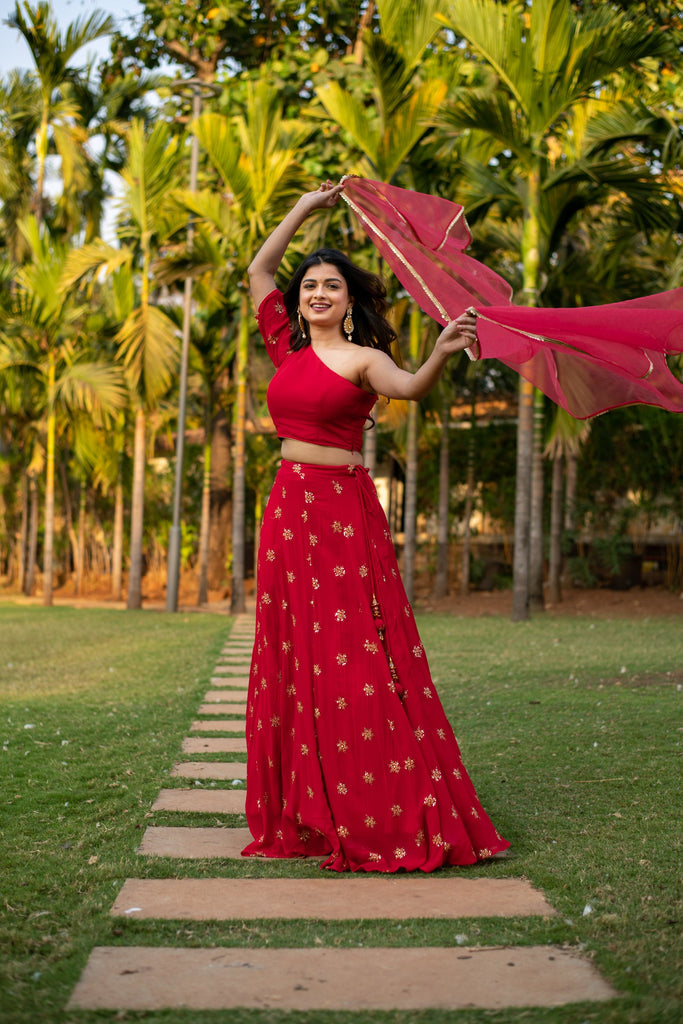 Women's Red one shoulder Lehenga