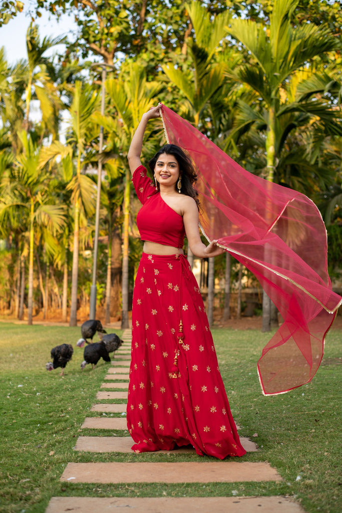 Women's Red one shoulder Lehenga