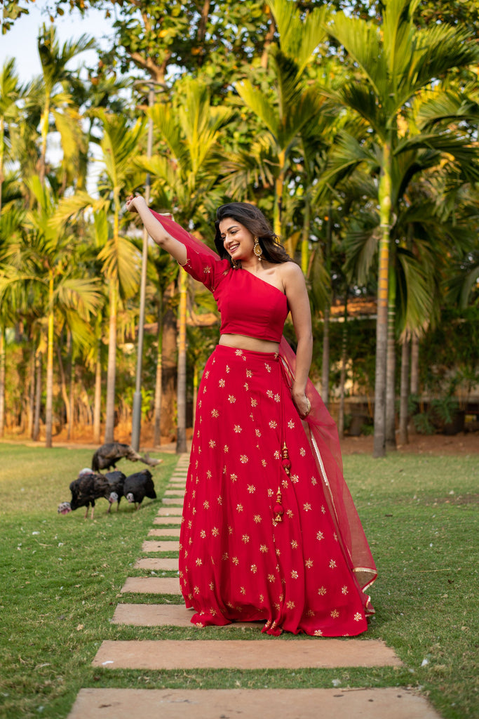 Women's Red one shoulder Lehenga
